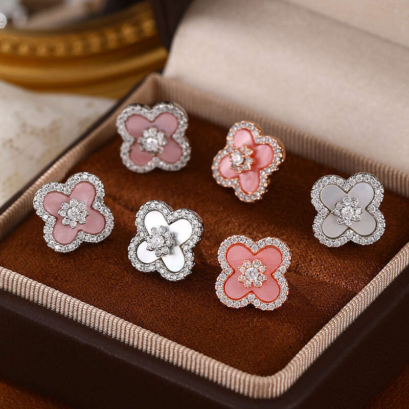 designer clover earring Sier Needle Four-Leaf Clover Daily Versatile Flower Women's Elegant High-End Ancient Style Zircon Pink Earrings