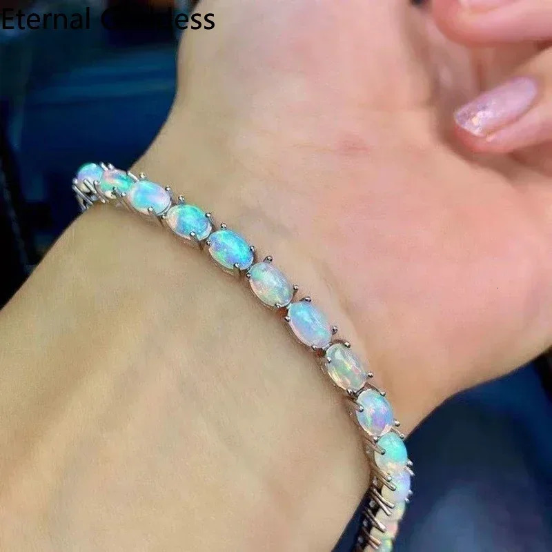 925 Sterling Silver Natural Opal Simple Bracelet Colorful Stone Bracelet Womens Fine Wedding Jewelry 24 Pc 4*6mm Fine Jewelry 250628