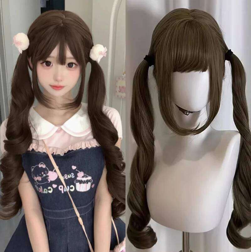 Brown Long Wavy for Women Natural Hair Synthetic Lolita Double Ponytail Roman Curly Wigs Daily Cosplay Heat Resistant