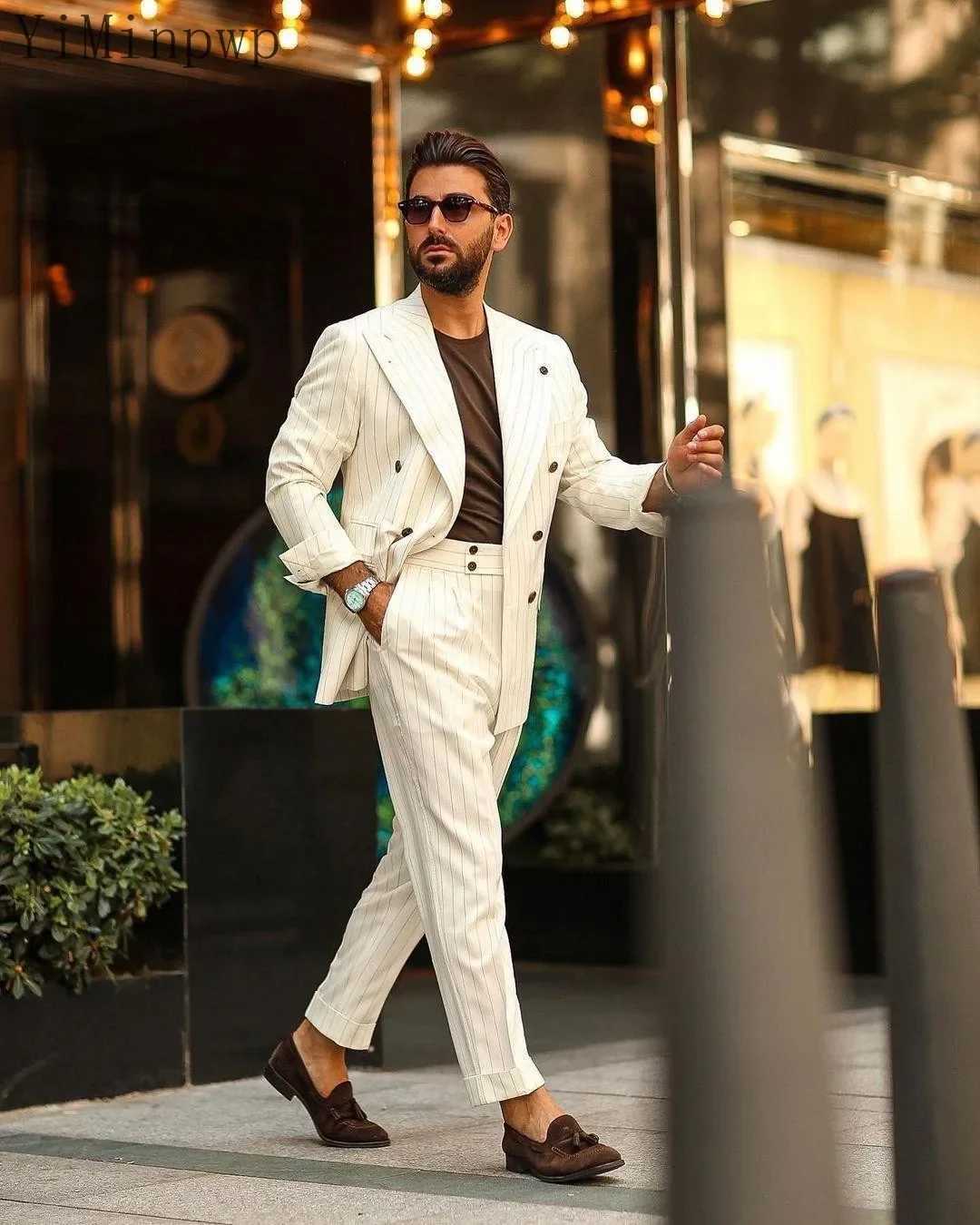 ivoire Pinstripe Men Suits Peaked Lapel Double Breasted Business Suit for Men Blazer Jacket Holiday Tuxedos 2 Piece Bespoke X250704