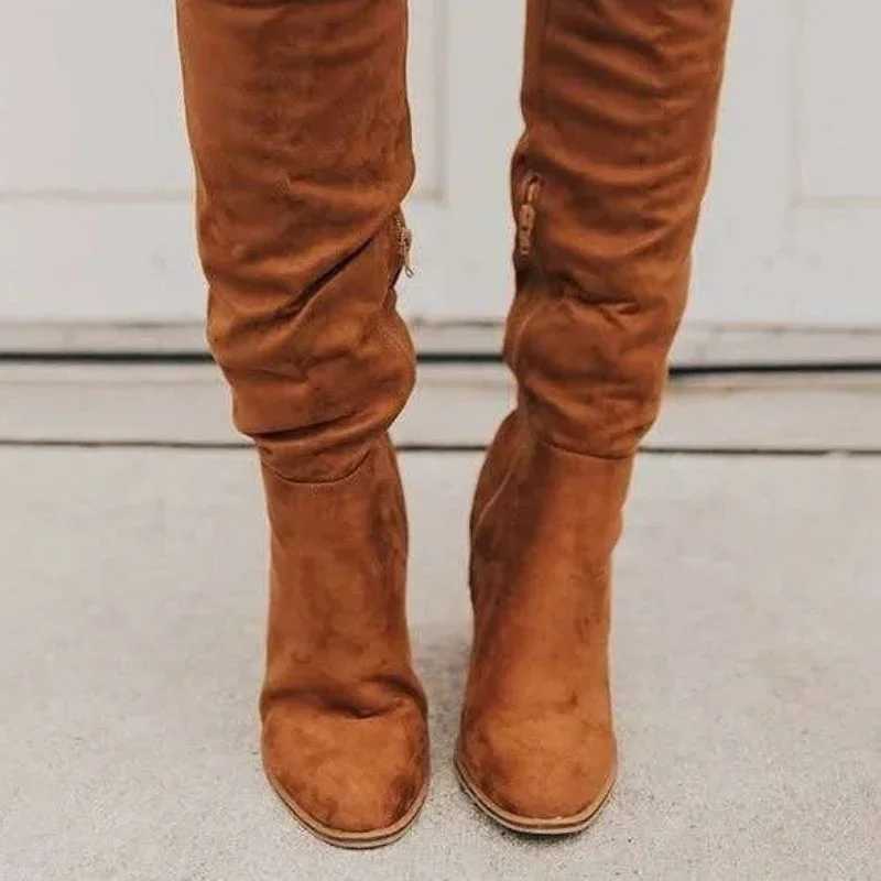 Knee High Boots Women 2025 New Thick Heel High Heel Small Person Show Thin Suede Boots Women Side Zipper Boots Brown Long Boots Z250704