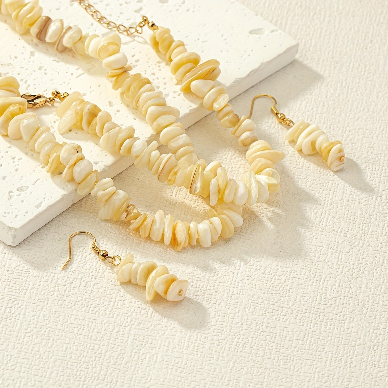 1 Necklace Bracelet Earrings Set Bohemian Style Irregular White Crushed Stone Beads Personality
