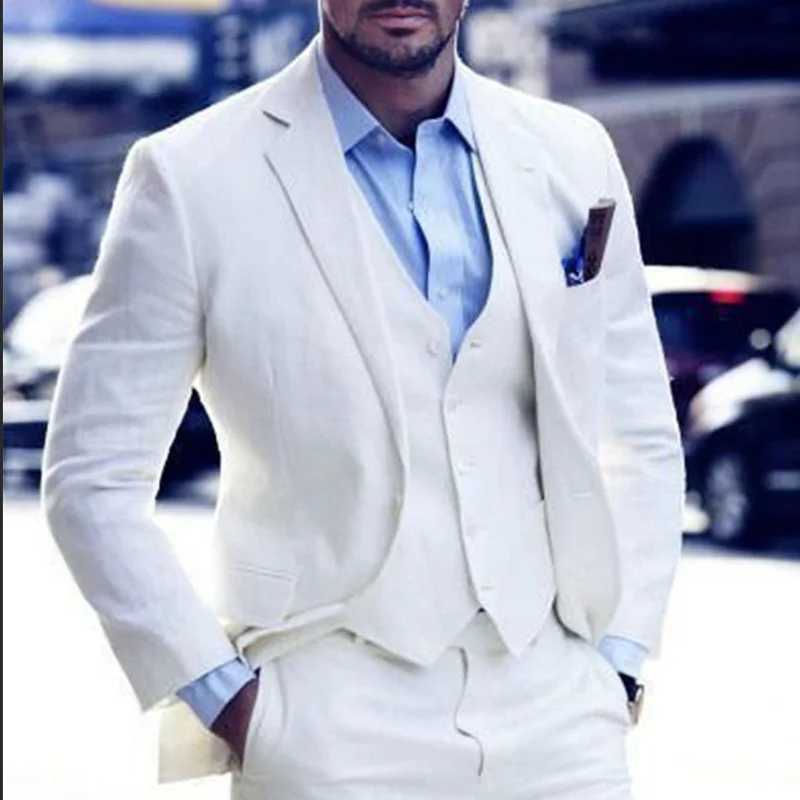 New Beach Linen Men Suits 2025 Summer 3 Pieces Slim Fit White Groom Wedding Tuxedo Best Man Formal Prom Male Suit Costume Homme X250704