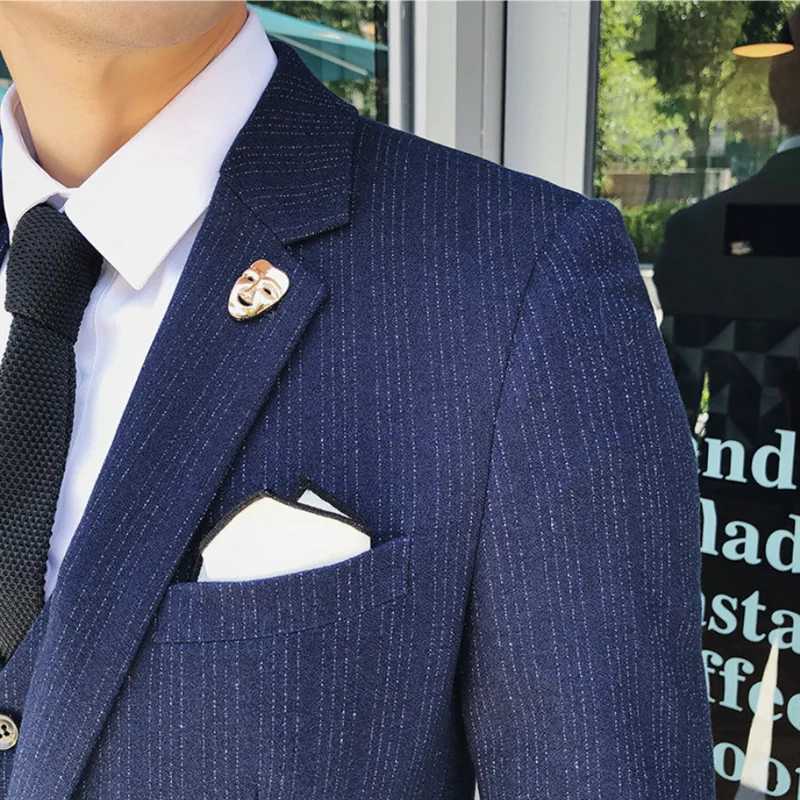 Autumn and Winter New Men Business Striped Suits Black / Blue / Gray Male Wedding Banquet Party Jacket and Pants with Vest X250704