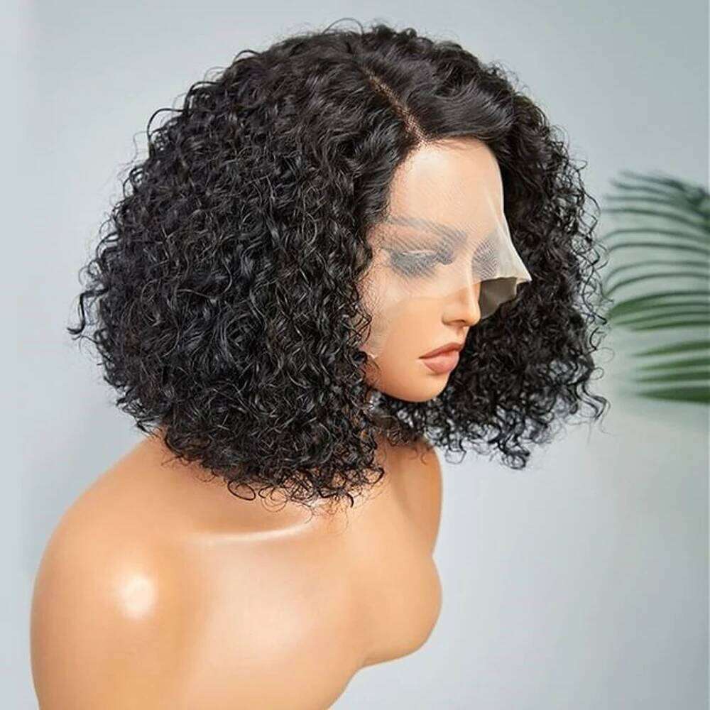 Short 8 to 16 Inch Kinky Wig Pre Plucked T Part Lace Peruvian Curly Human Hair Bob Wigs For Women and Girls