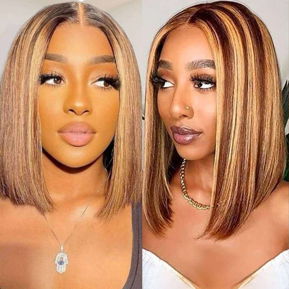 100% 13x4 Human Hair Lace Frontal Wig Ready Wear Bob Wigs 220Density For Black Women 4/27 Color Gold