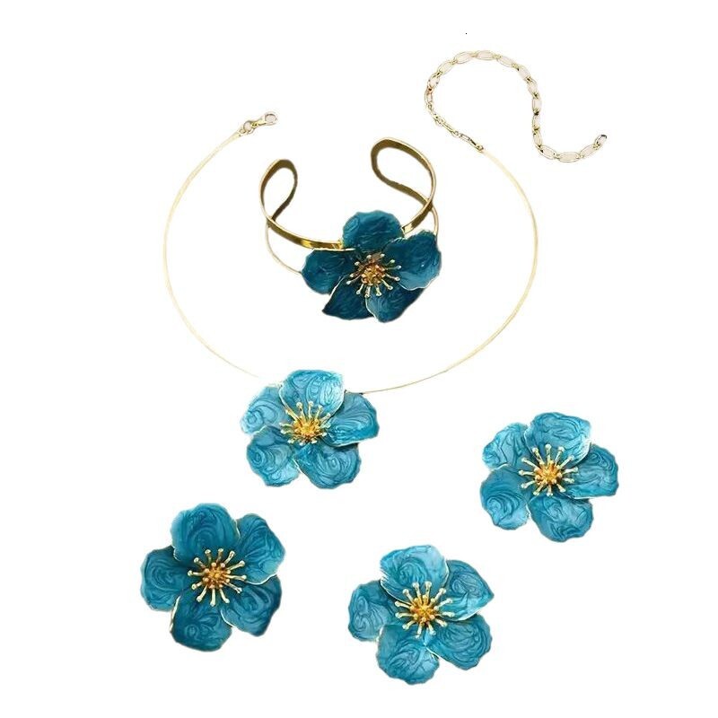 INS Style Metal 3D Elegant Five-Leaf Flower Jewelry Set 5 Pieces