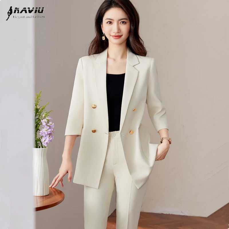 NAVIU Apricot Black Fashion Temperament Suit Womens New Spring Casual Half Slve Blazer And Pants Office Ladies Work Wear X250704