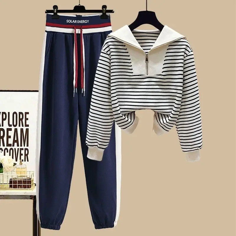Sports Set SpringSummer Striped Navy Neck Zipper Top Womens High Waist Slim Casual Pants A Complete of Fashion 250704