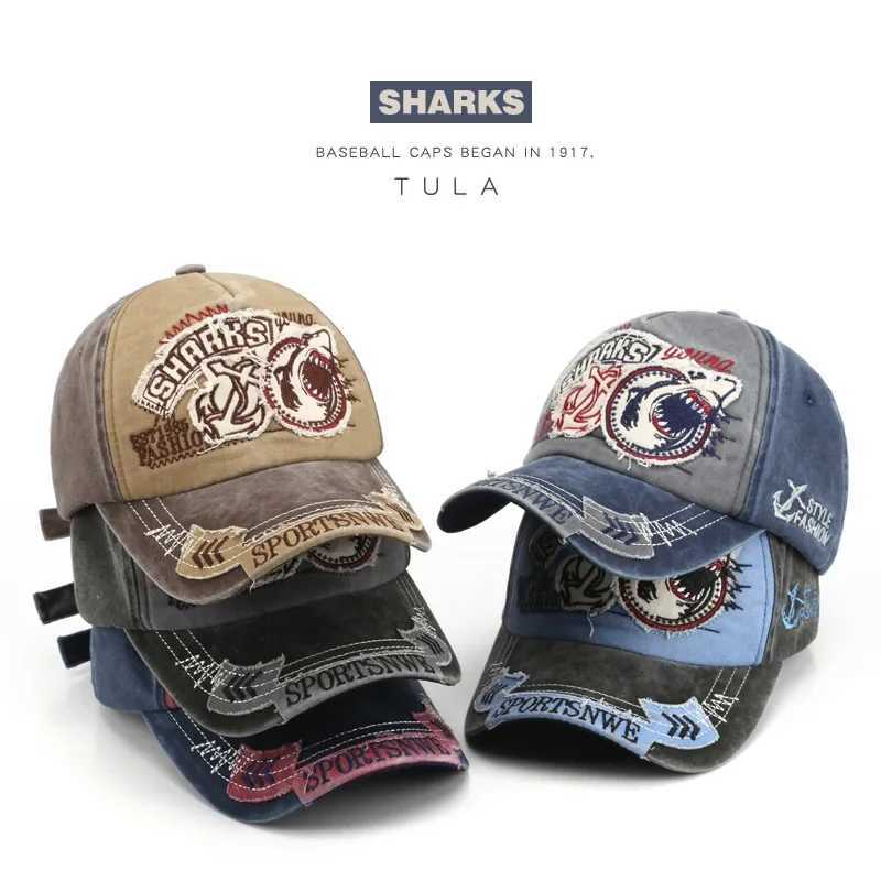Retro Shark Embroidered Baseball Caps Bone Solid Cartoon Men Wen Cotton Stretch Hip Hop Streetwear Sun Hats X250704