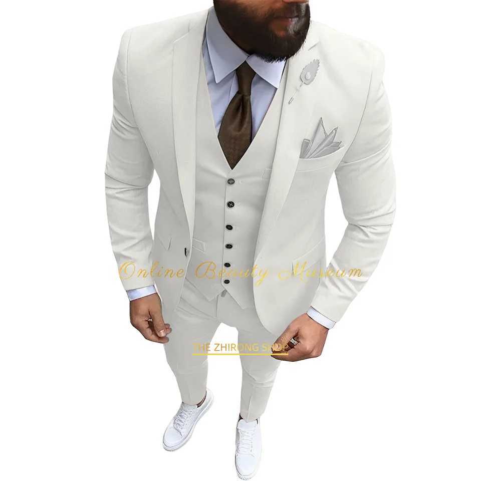 Mens Classic Solid Color 3-Piece Suit (Jacket + Vest + Trousers) Beige Single Button Groom Formal Business Tuxedo HANDMADE X250704