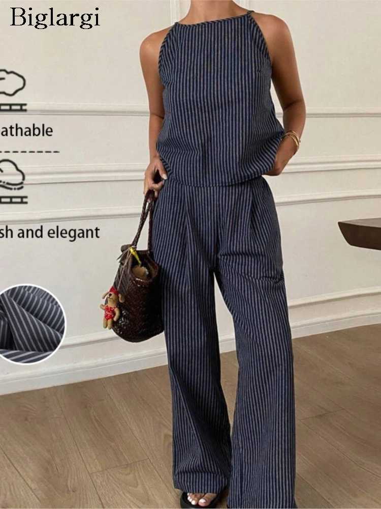 Summer Striped Print 2 Two Piece Set Women Casual Fashion Ladies Slveless Blouses Wide Leg Loose Woman Elastic Waist Pant X250704