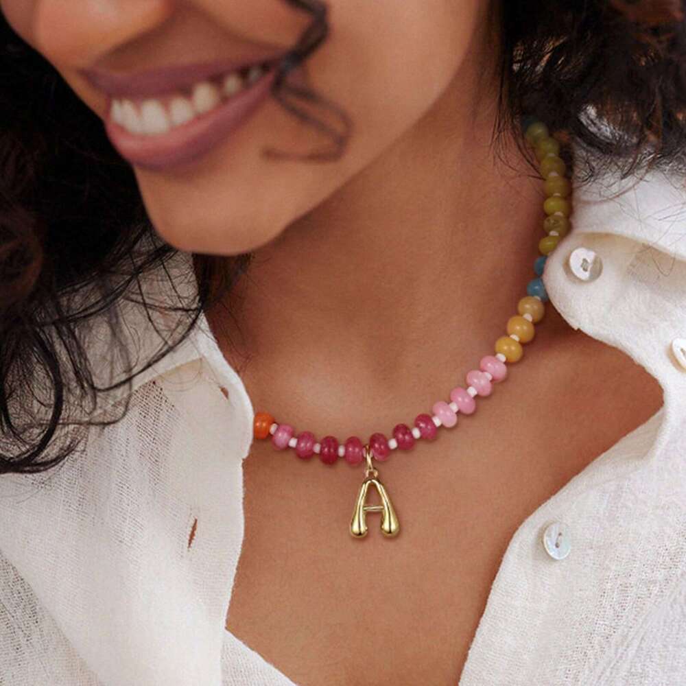 Designer New Colorful Abacus Bead 26 Bubble Letter Pendant Choker Necklace