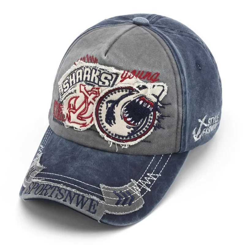 Retro Shark Embroidered Baseball Caps Bone Solid Cartoon Men Wen Cotton Stretch Hip Hop Streetwear Sun Hats X250704