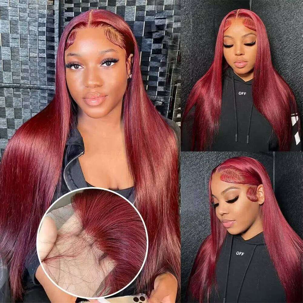 13x6 Red HD Wig Pre-Plucked Glueless Long Straight 99j Bury Synthetic Lace Front Wigs For Black Women