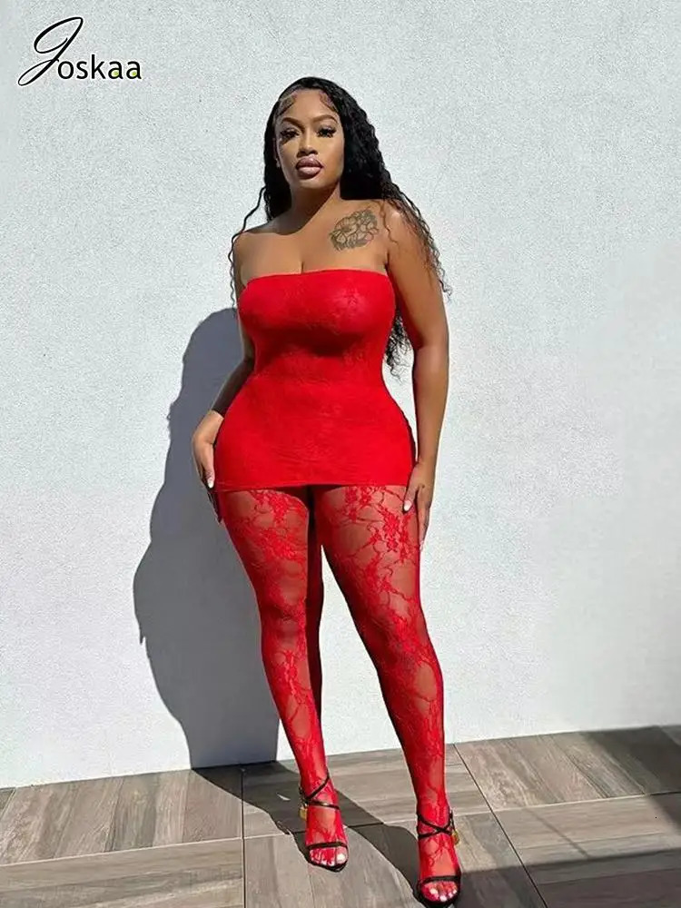 Joskaa Holiday Set Outfit For Women Black Red Lace Baddie 2 Piece Sets Outfits Beach Sexy Leggings Club Party Outfit 250704