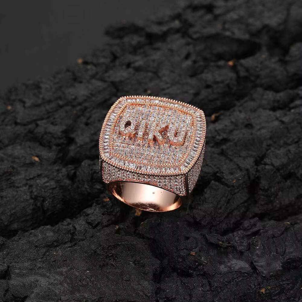 Luxury Mens Fashion Custom Gold Silver Plated Hiphop Style Moissanite Diamond Ring Square Design Customizable letters