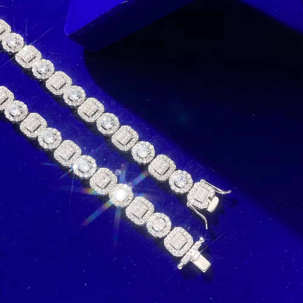 2024 New Arrival Hip Hop Rapper Iced Out VVS Moissanite Baguette Flower Cluster 925 Sterling Silver Tennis Chain Necklace