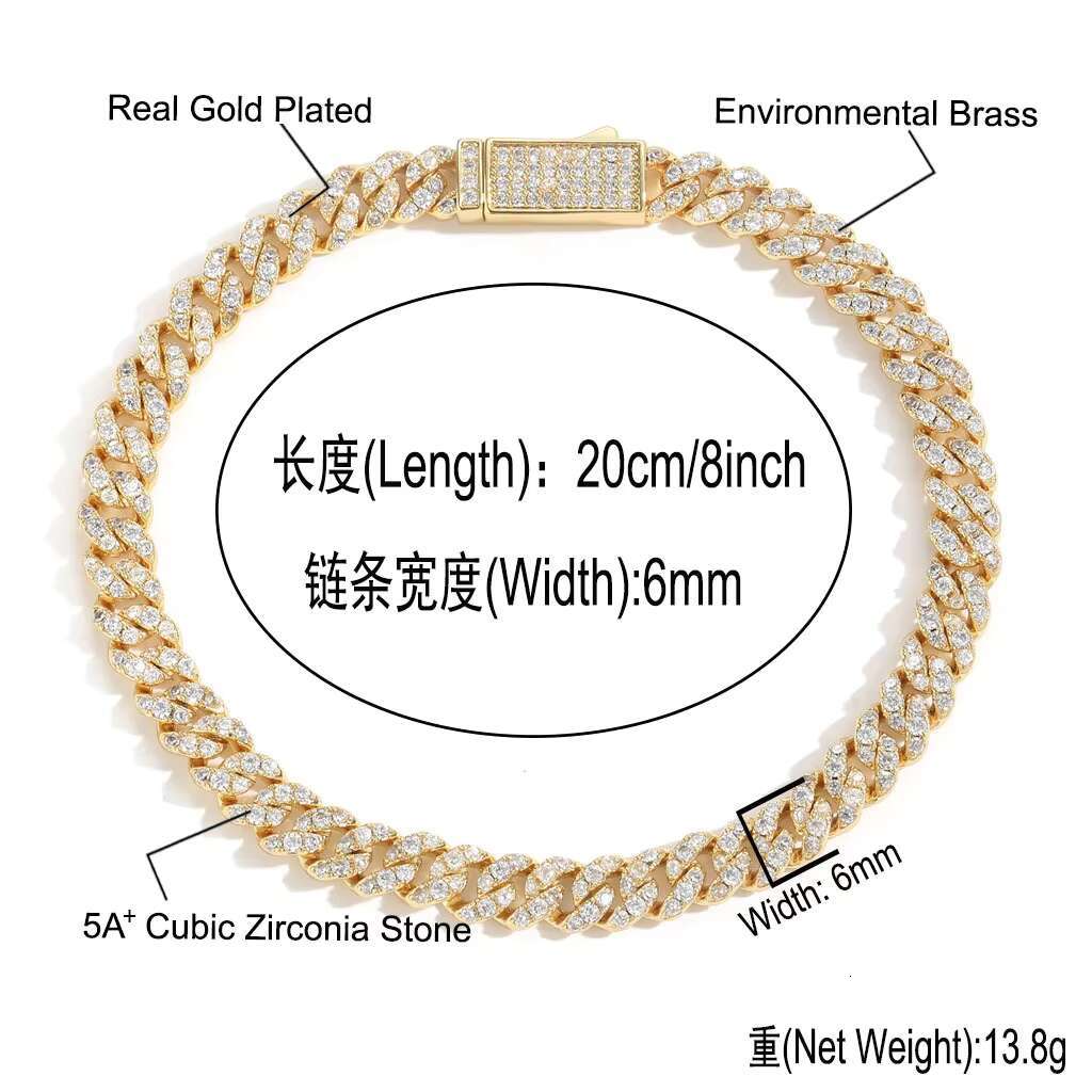 BES 6MM Hip Hop Bracelet Cuban Chain Spring Buckle Single Row Zircon Cuban Bracelet for Men Hip Hop Jewelry