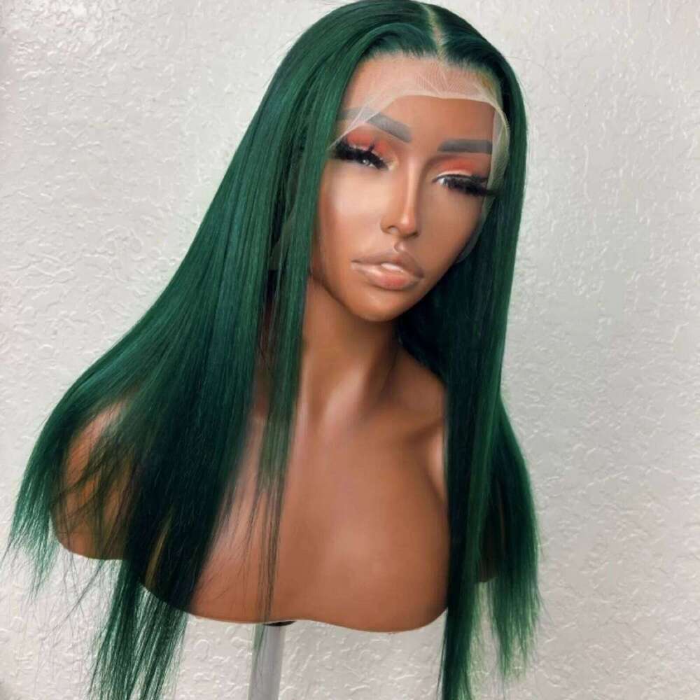 13X4 Dark Front Straight Synthetic Wig Long Green Colored Hair Lace Frontal Wigs for Women Heat Fiber