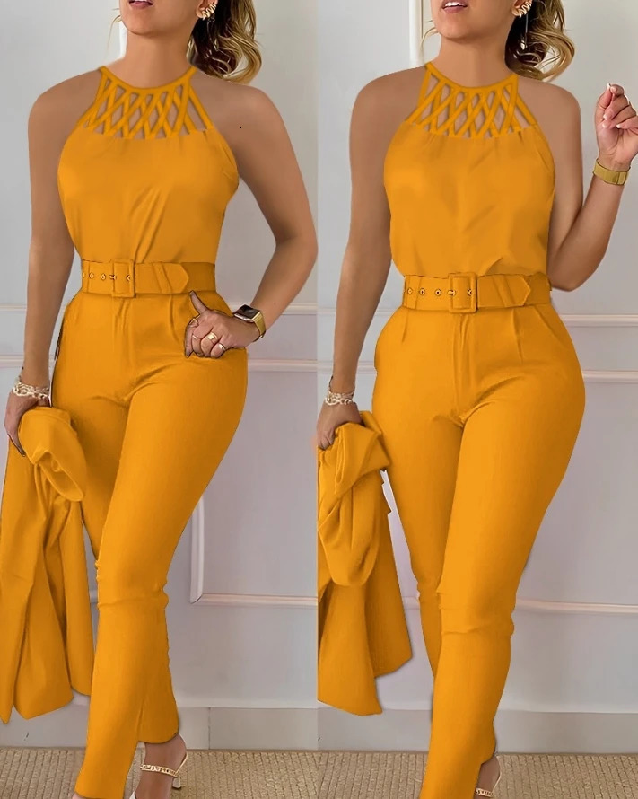 Two Piece Set Women Outfit Summer Fashion Hollow Out Round Neck Sleeveless Tank Top Casual Pocket Daily Pants Set 250704