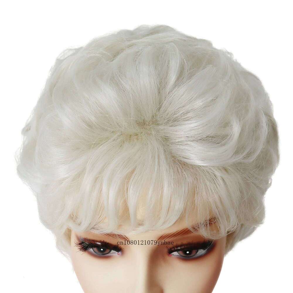 Old Lady Wigs for Women Synthetic White Grandma Cosplay with Bangs Short Curly Pixie Cut Wig Daily Costume Heat Resistant