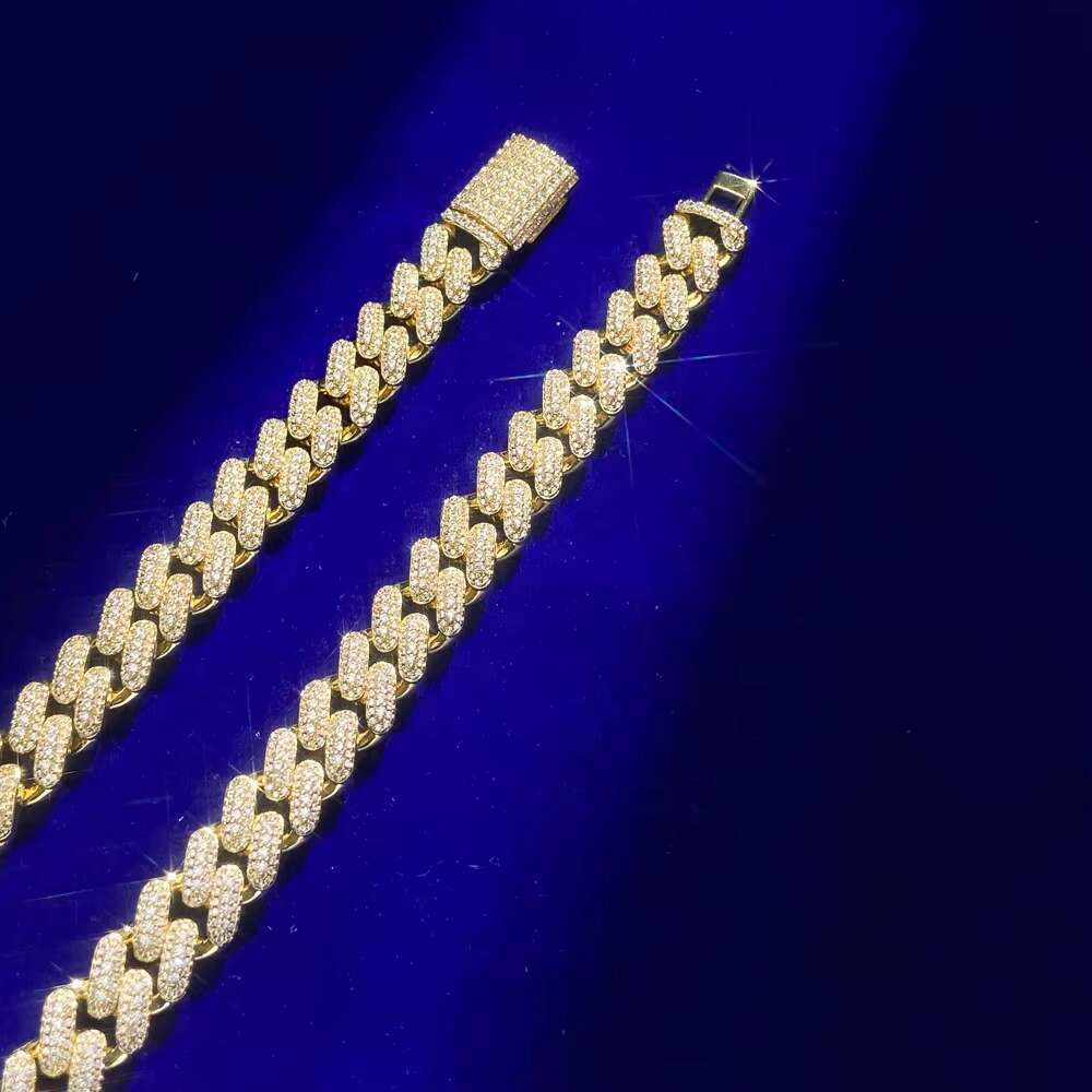 Hip Hop Classic jewelry 10K Yellow Gold Plated 12mm Cubic Zircon Diamond 925 Sterling Silver Miami Cuban Link Chain Necklace