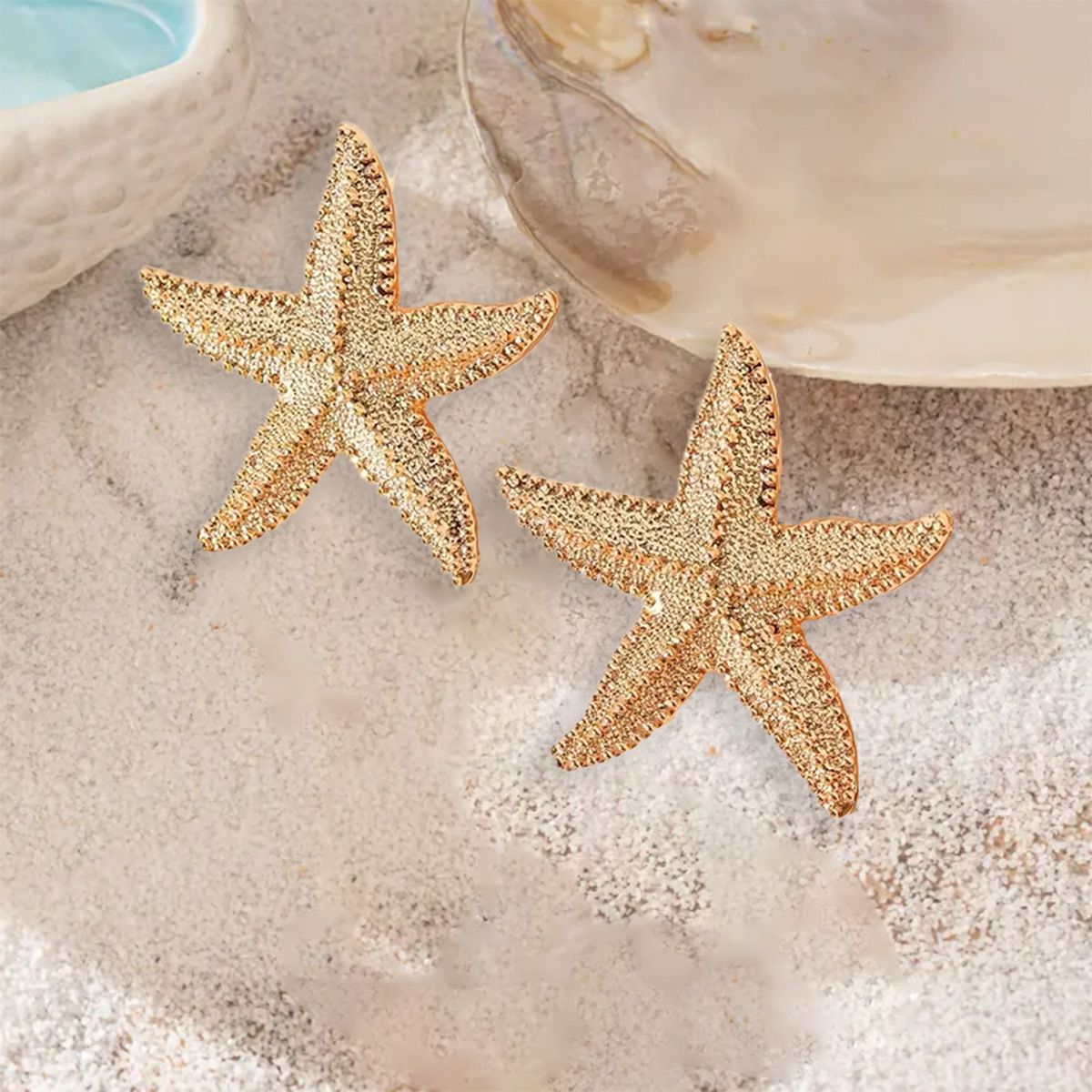 INS Style Summer Fresh Ocean Shell Gold Stainless Steel Starfish Earrings Jewelry
