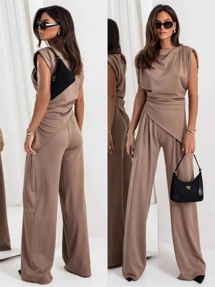 Summer Fashion Solid Two Piece Sets Women Elegant Slim Office Suit Casual Irregular Top And Wide Leg Pants 2 Piece Set Female X250704