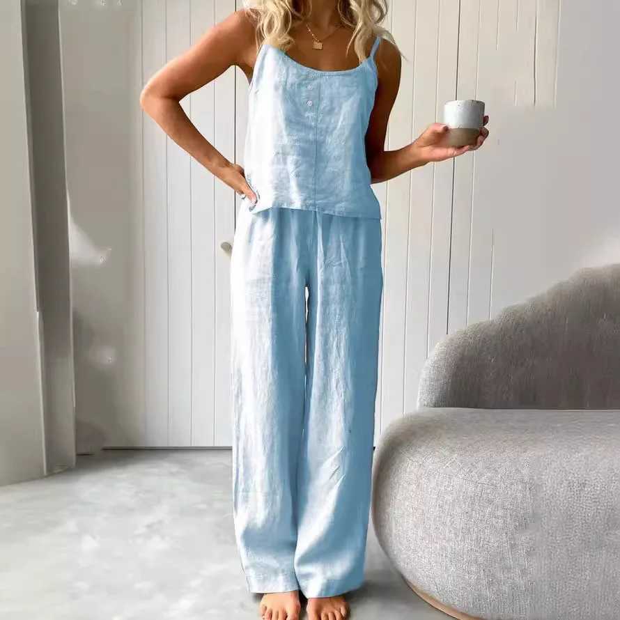 Cotton Linen Womens Suit Slip Vest Wide-leg Pants Suits Female Fashion Casual 2 Piece Sets Home Casual Clothes Ladies Sets 2025 X250704