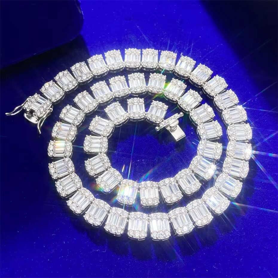 10MM New 14K Gold Plated Iced Out Cz Rectangle Moissanite Link Round Baguette Diamond Hip Hop Tennis Necklace