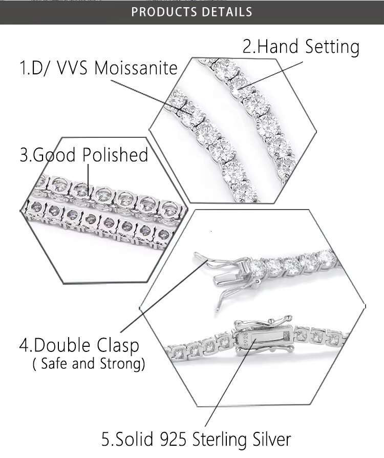 Factory Wholesale 925 Silver VVS Moissanite Tennis Chain 2mm 3mm 4mm 5mm 6.5mm Bracelet Necklace Hip Hop Style for Pendant or