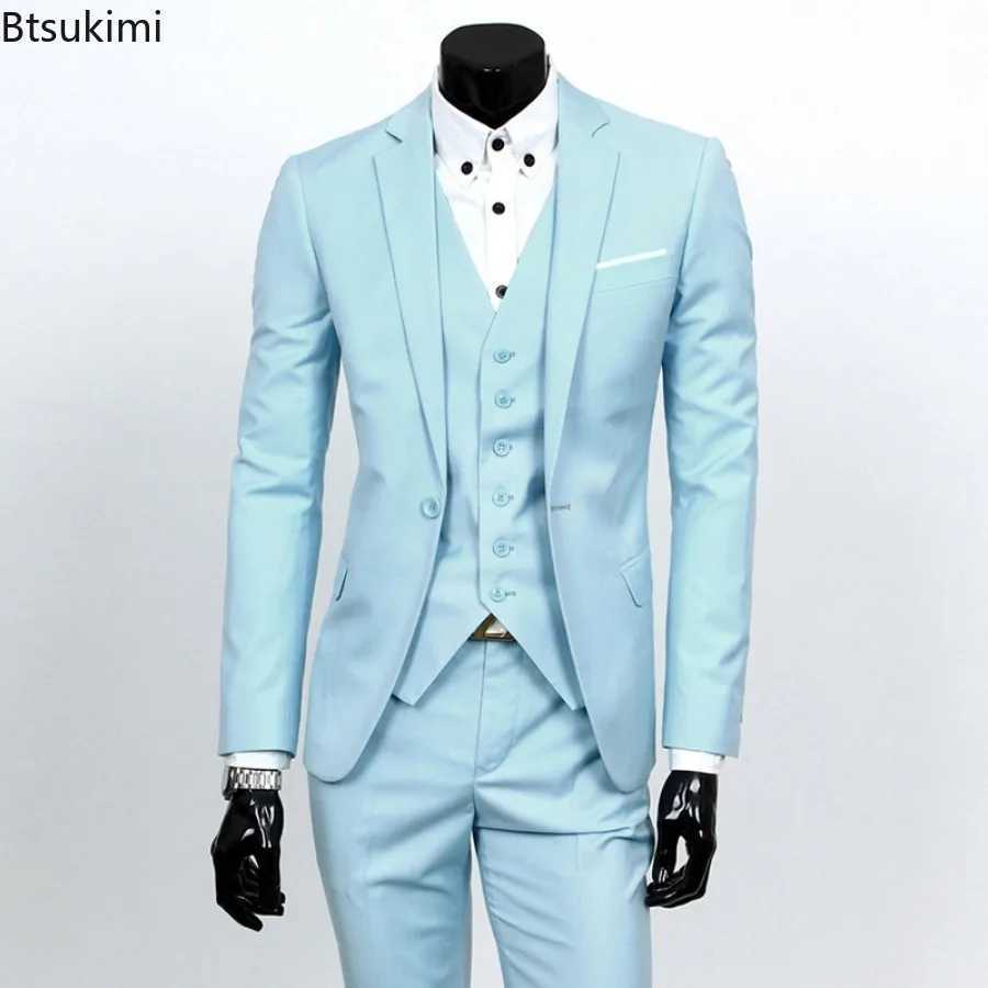 New Mens Fashion Korean Slim Suits Sets Solid Blazer Jacket+Vest+Pants Three Pieces Sets Men Business Wedding Groom Blazer Sets X250704