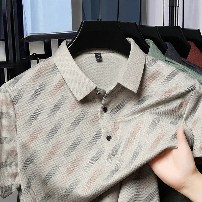 Summer Mens Casual Fashion High-end Lapel Ice Silk Polo Shirt Dad Outfit 250704