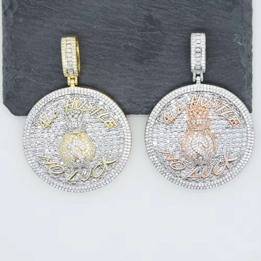 All Hustle No Luck Hip Hop Pendant Iced Out Bling Moissanite vvs1 Geometric Round Pendant Money Bag Necklace