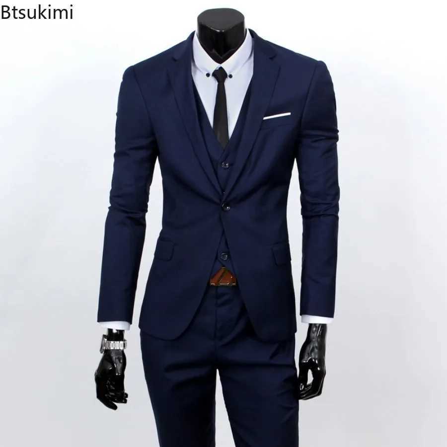 New Mens Fashion Korean Slim Suits Sets Solid Blazer Jacket+Vest+Pants Three Pieces Sets Men Business Wedding Groom Blazer Sets X250704