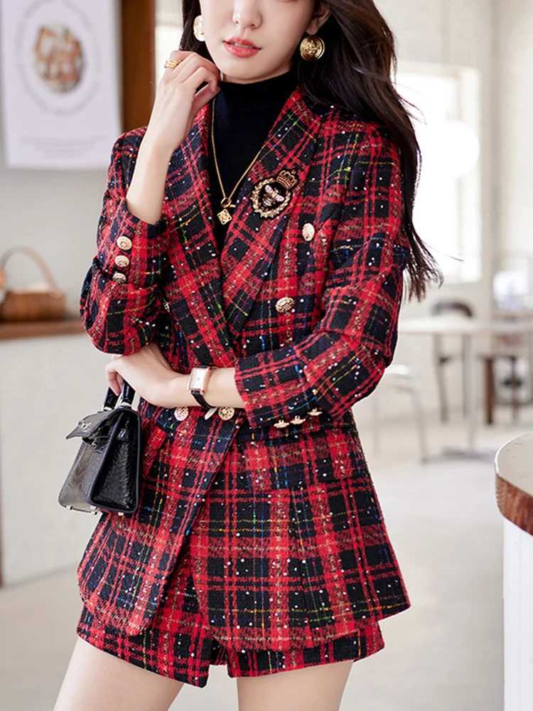 ZJYT Elegant Plaid Twd Blazer Shorts Suits Autumn Winter Outfits for Women 2 Piece Business Chic Office Matching Set Plus Size X250704