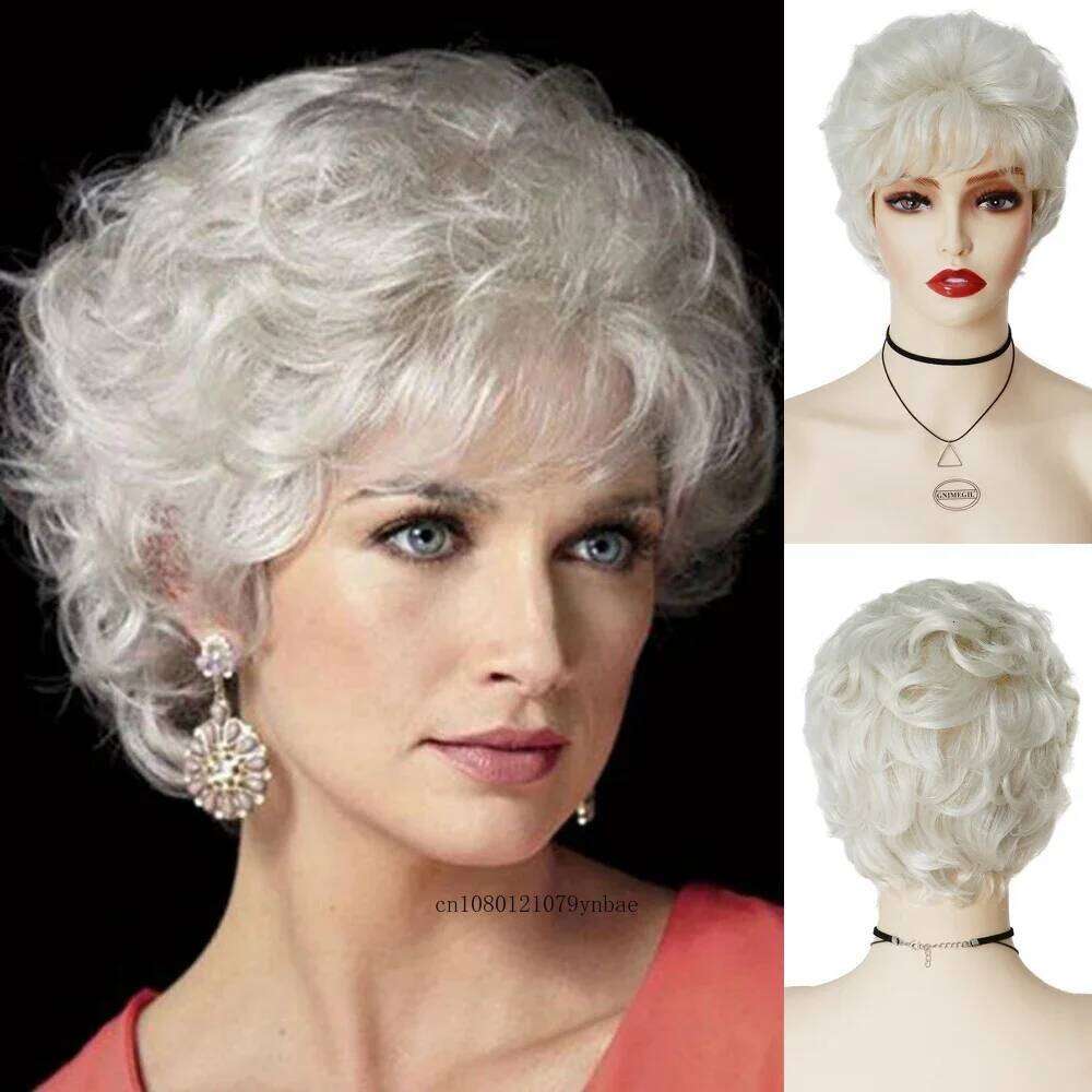 Old Lady Wigs for Women Synthetic White Grandma Cosplay with Bangs Short Curly Pixie Cut Wig Daily Costume Heat Resistant