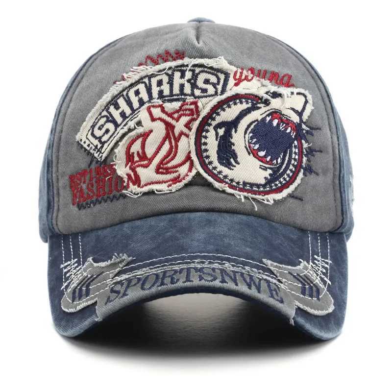Retro Shark Embroidered Baseball Caps Bone Solid Cartoon Men Wen Cotton Stretch Hip Hop Streetwear Sun Hats X250704