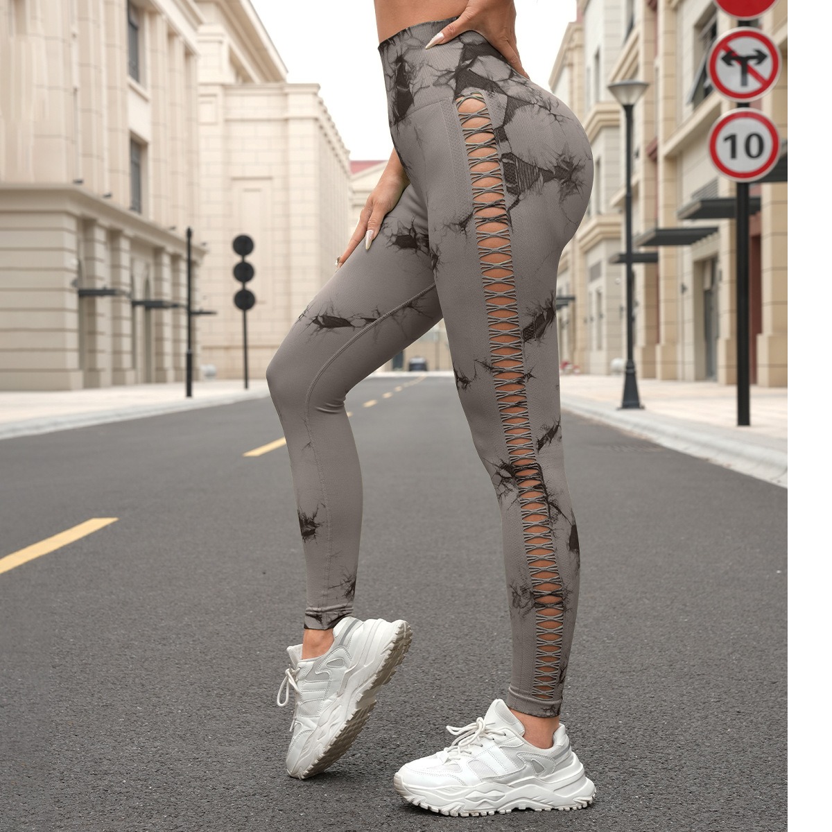 Women's High-Waist Seamless Yoga Pants with Side-Cut Tie-Dye Design