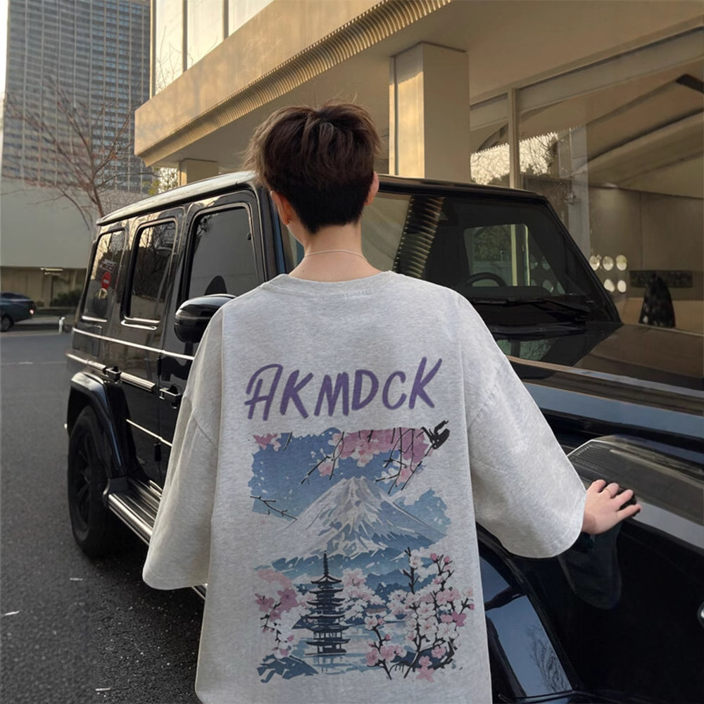 Mount Fuji Print Round Neck Short Sleeve T-Shirt for Men Designer short sleeves 2025 Summer Thin American High Street Fashion Brand Five-Sleeve Couple