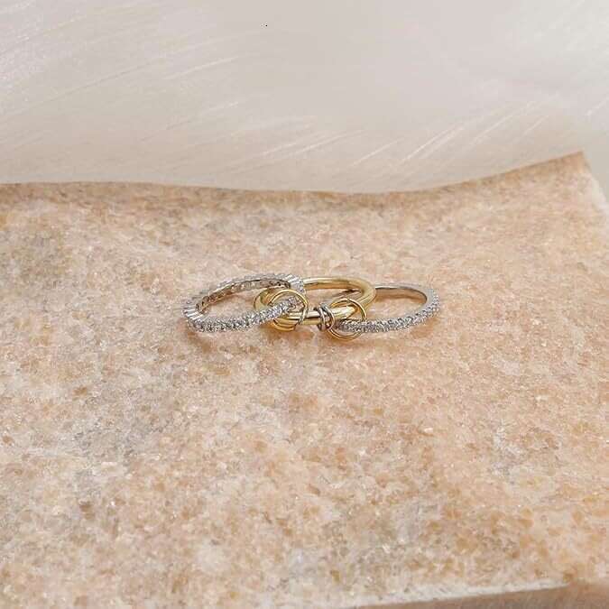 Designer Stainless Steel Interlocking Full Diamond Zircon Three-Ring Ring Two-Tone Multi-Element New Style