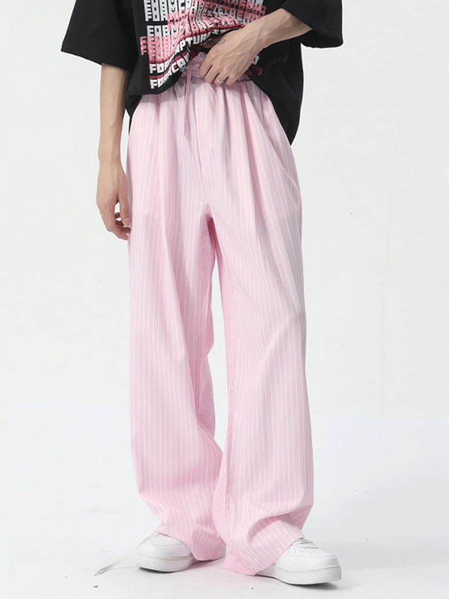 Men Striped Pants Elastic Waist Drawstring Casual Pants Loose Trousers for Daily Street 250704