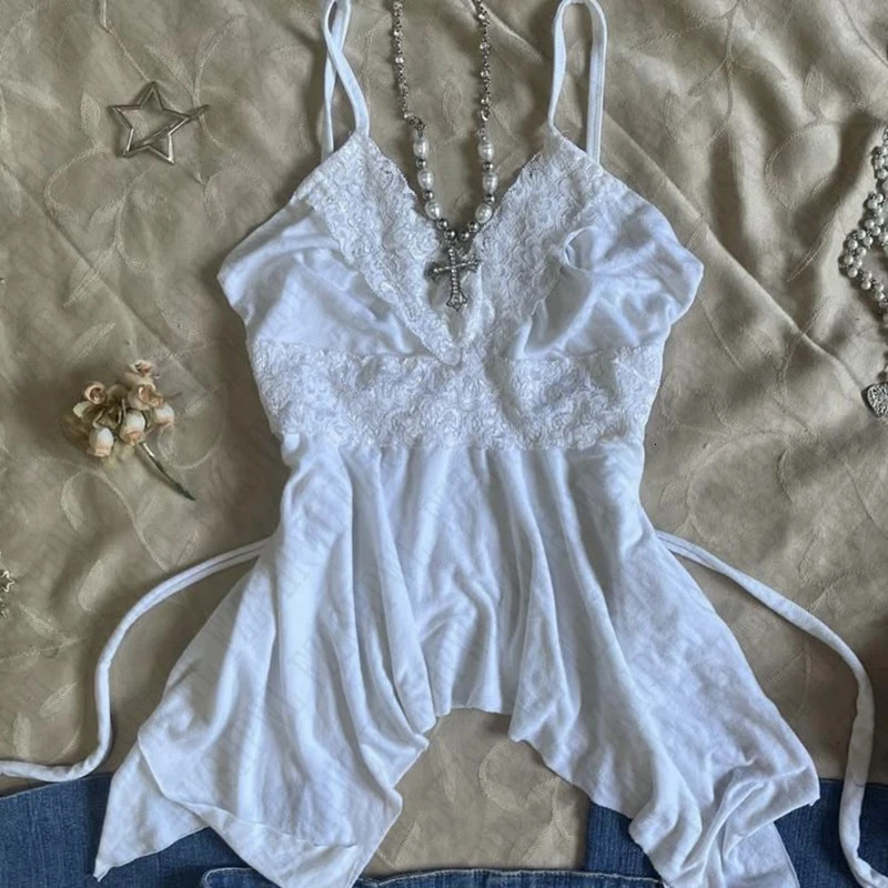 Y2K Goth Grunge Punk White Lace Patchwork Sexy Top Women Summer Solid Ruched Backless Sleeveless Tank Top Streetwear Y2K Clothes 250704