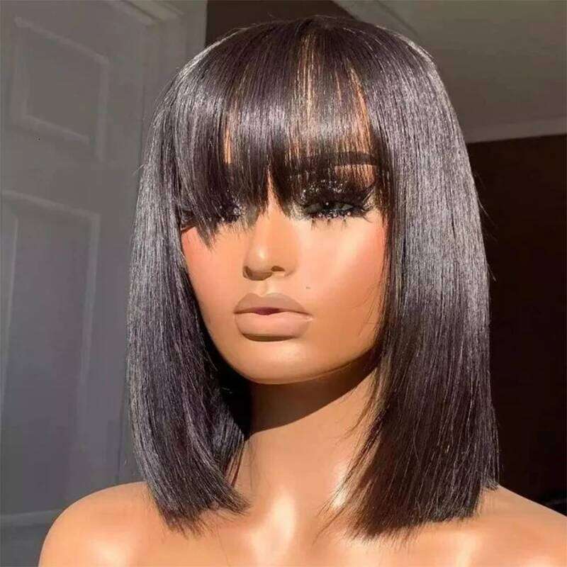Cheap Double Drawn Virgin Bob Wig With Bang Glueless Full hine Made Real Vieamese Bone Straight Human Hair Wigs Fringe