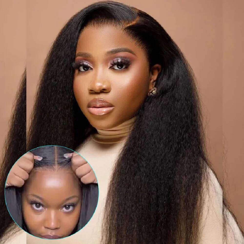 Kinky Straight Glueless Wigs For Women Ready To Wear And Go 180 Density 4x4 Closure Pre Cut Lace Human Hair Wig Natural