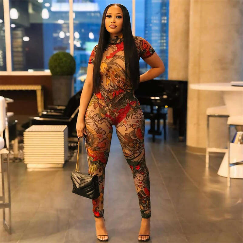 European and American Style Summer Women's Sexy Backless Printed Sheer Mesh Jumpsuit 2025 New Casual Fashion Trendy Clothing