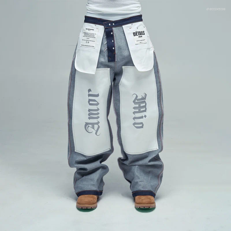 Men's Pants Gothic Letter Pattern Printing Big Pockets Design High Waist Wide Legs Jeans Y2K Fashion Trend Men Women Casual Loose Streetwear