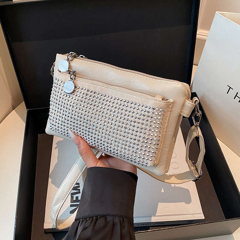Fashion Rivet Soft Leather Trendy Small Square Multi-layer Women's New Casual Shoulder Crossbody Bag