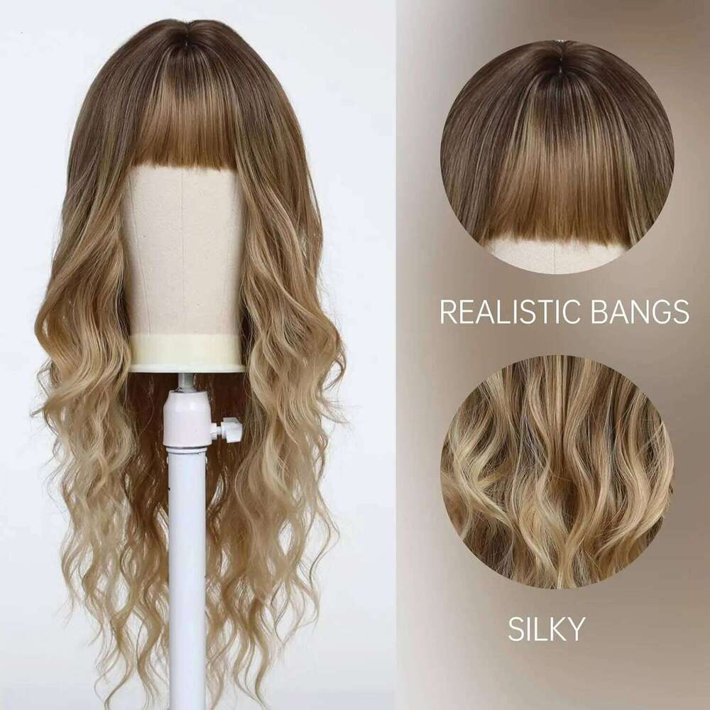 Ombre Synthetic Long Wavy Wig with Fluffy Bangs Women Natural Hair Brown Blonde Highlight Wigs for Daily Cosplay Use